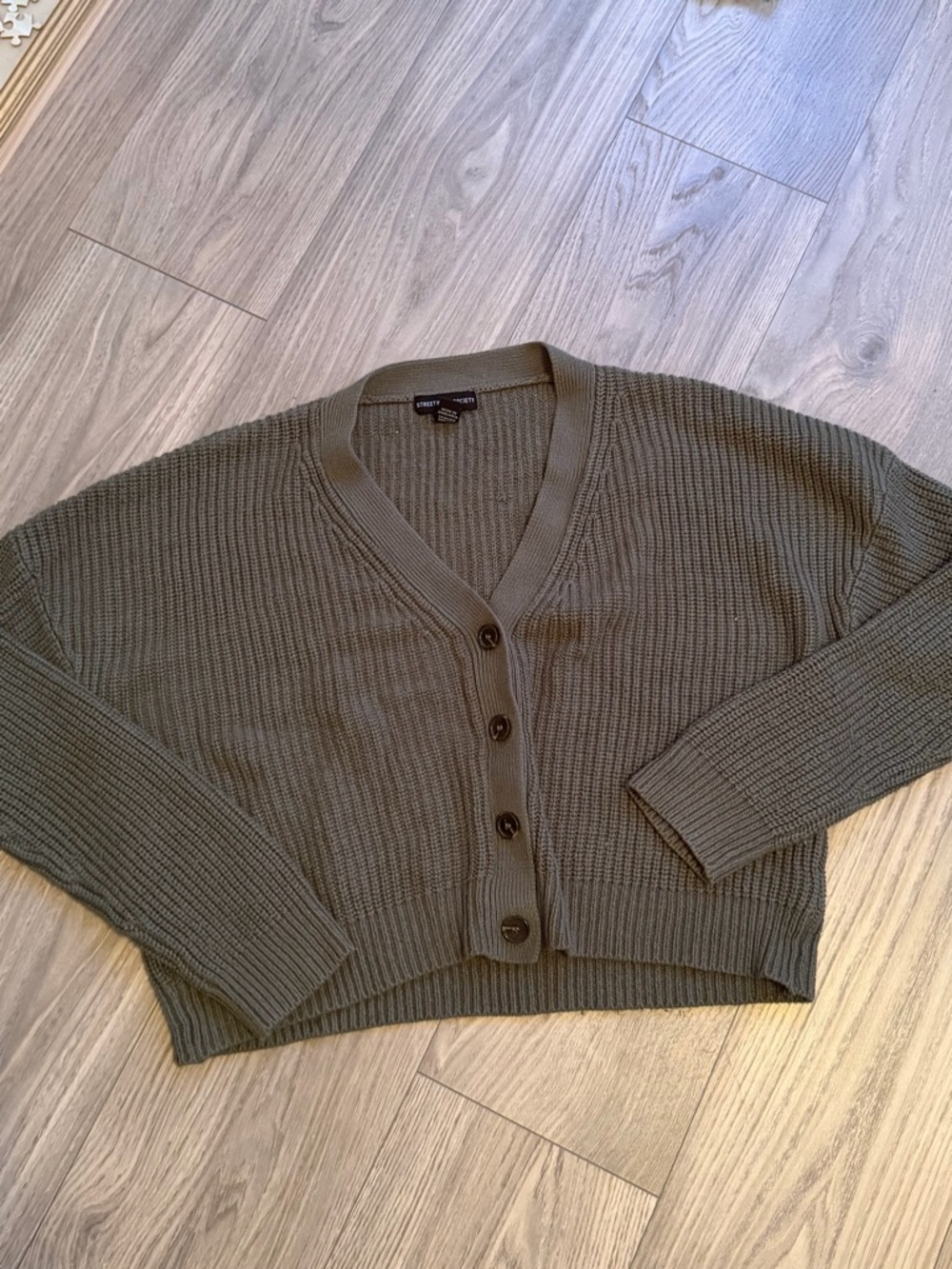 Streetwear Society Olive Green Cropped Cardigan Knit Sweater Size L